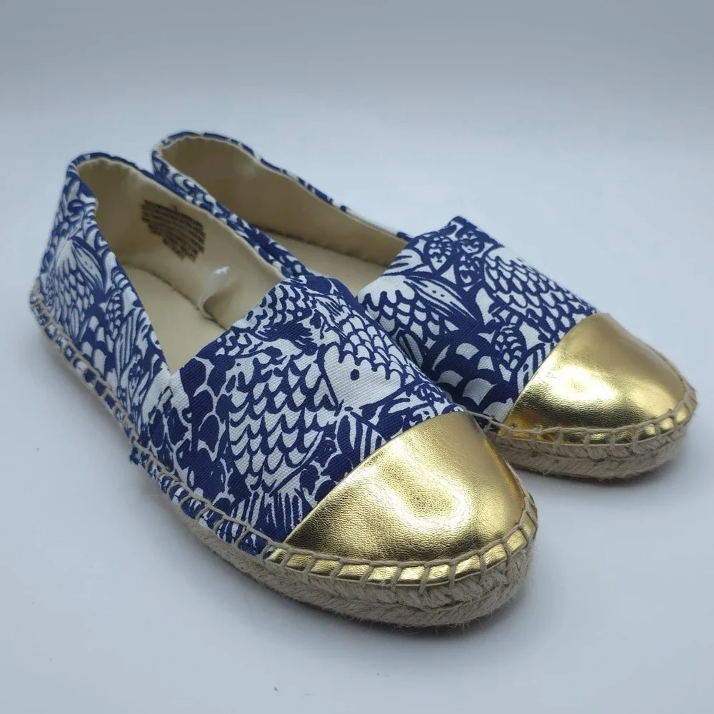 LILLY PULITZER Upstream Fish Gold Cap Toe Espadrille Women's 8 Blue White Canvas